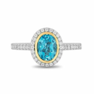 Enchanted Disney Jasmine Oval Swiss Blue Topaz and Diamond Frame Engagement Ring in Sterling Silver Splendid Design Ring Extravagant Ring