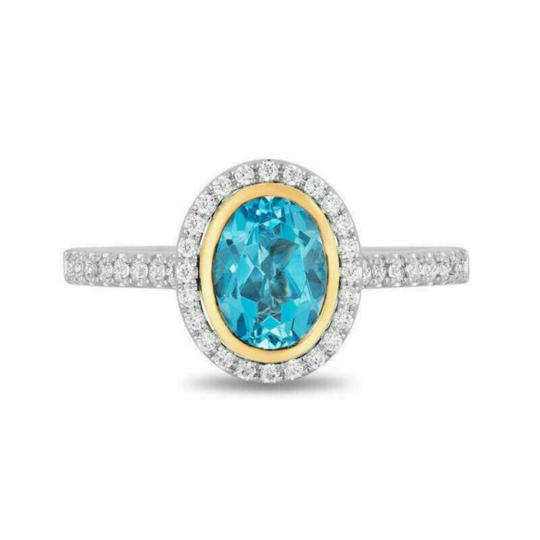Enchanted Disney Jasmine Oval Swiss Blue Topaz and Diamond Frame Engagement Ring in Sterling Silver Splendid Design Ring Extravagant Ring
