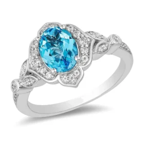 Enchanted Disney Jasmine Oval Swiss Blue Topaz and Diamond Frame Engagement Ring Propose Ring Fascinating Ring Embellish Ring Dazzling Ring