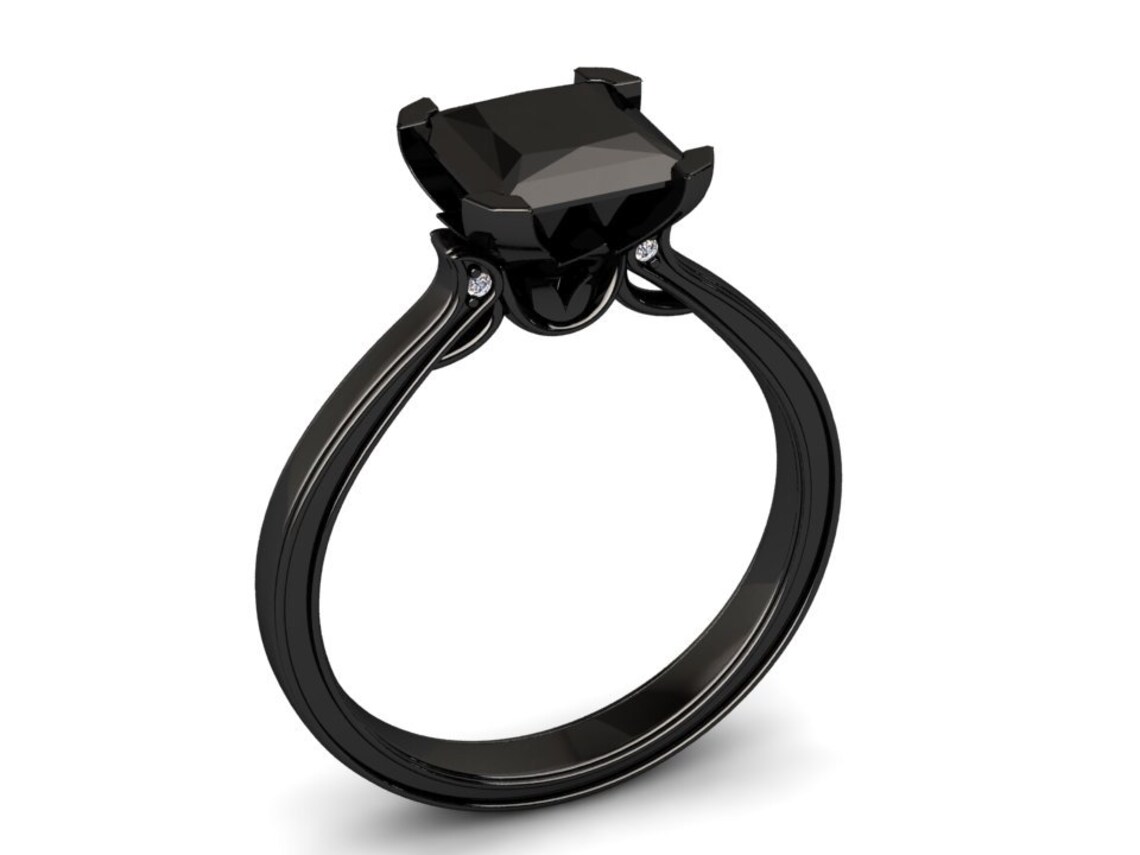 Black Diamond Ring,1.50Ct Princess Cut Black Diamond Engagement Ring In Black Rhodium