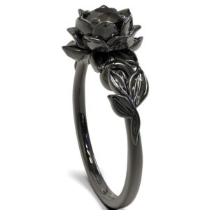 Black Diamond Engagement Ring, Black Moissanite Diamond Ring, Black Rhodium Ring, Black Flower Ring