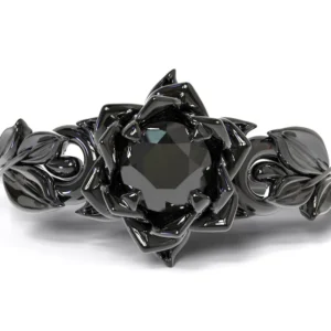 Black Diamond Engagement Ring, Black Moissanite Diamond Ring, Black Rhodium Ring, Black Flower Ring