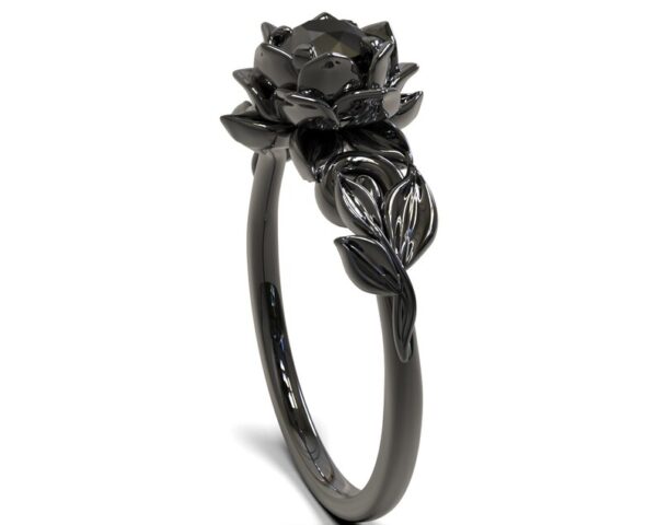 Black Diamond Engagement Ring, Black Moissanite Diamond Ring, Black Rhodium Ring, Black Flower Ring