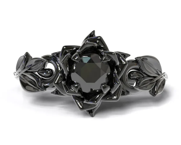 Black Diamond Engagement Ring, Black Moissanite Diamond Ring, Black Rhodium Ring, Black Flower Ring