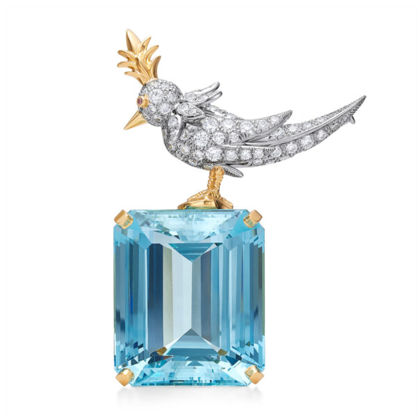 Aqua Emerald Cut Stone Brooch, 925 Sterling Silver Brooch, Bird Brooch with Aqua Stone Brooch, Unisex Brooch