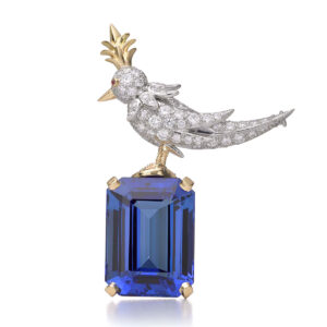 Schlumberger Bird On A Rock Emerald Cut Stone Brooch, 925 Sterling Silver Brooch, Bird Brooch with Blue Stone Brooch, Unisex Brooch - Image 1