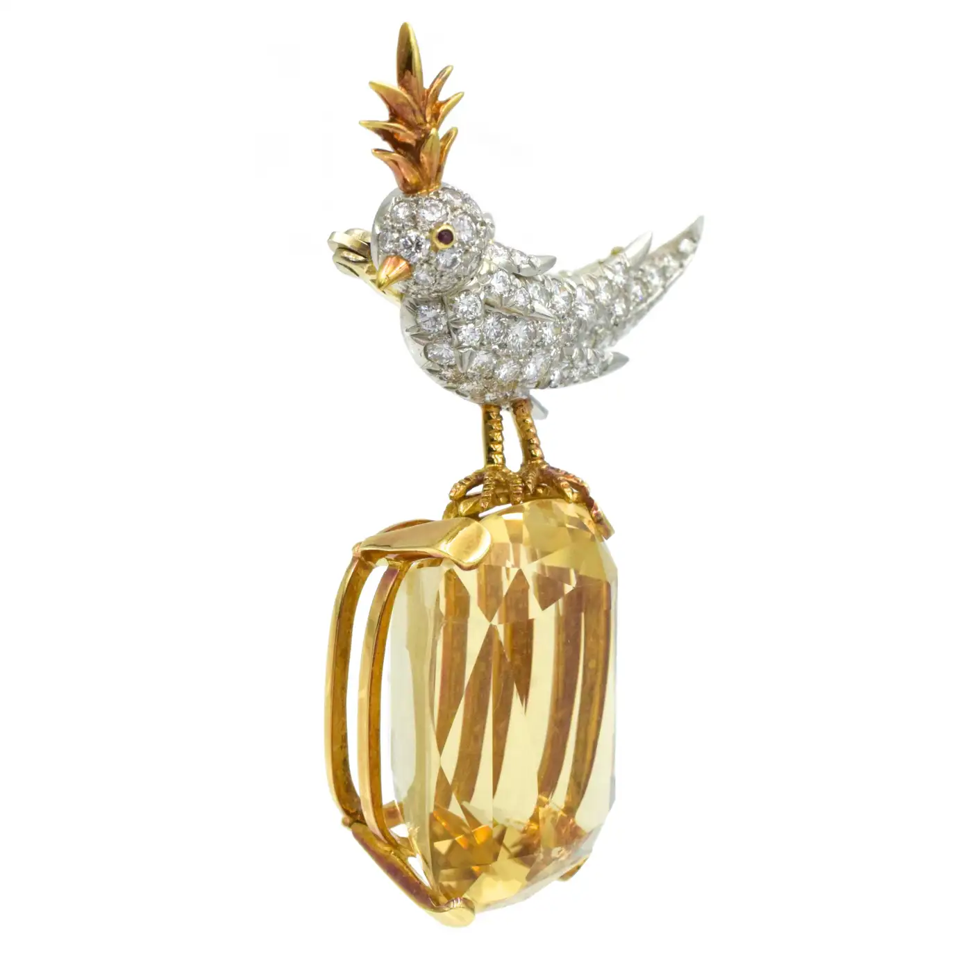 Yellow Cushion Cut Stone Brooch, 925 Sterling Silver Brooch, Bird Brooch with Yellow Stone Brooch, Unisex Brooch