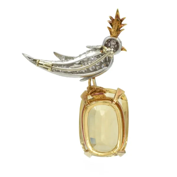 Yellow Cushion Cut Stone Brooch, 925 Sterling Silver Brooch, Bird Brooch with Yellow Stone Brooch, Unisex Brooch
