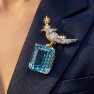 Schlumberger Bird On A Rock Aqua Emerald Cut Stone Brooch, 925 Sterling Silver Brooch, Bird Brooch with Aqua Stone Brooch, Unisex Brooch - Image 2