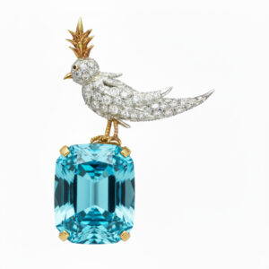 Ready to Ship - Schlumberger Bird On A Rock Aqua Cushion Cut Stone Brooch, 925 Sterling Silver Brooch, Bird Brooch with Aqua Stone Brooch, Unisex Brooch - Image 1