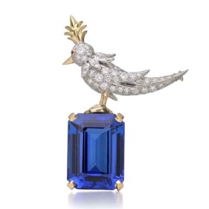 Schlumberger Bird On A Rock Emerald Cut Stone Brooch, 925 Sterling Silver Brooch, Bird Brooch with Blue Stone Brooch, Unisex Brooch