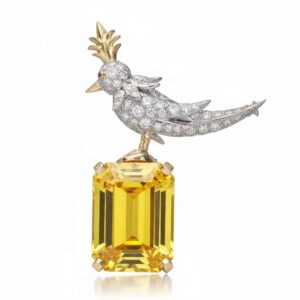 Ready to Ship - Schlumberger Bird On A Rock Emerald Cut Stone Brooch, 925 Sterling Silver Brooch, Bird Brooch with Yellow Stone Brooch, Unisex Brooch - Image 1