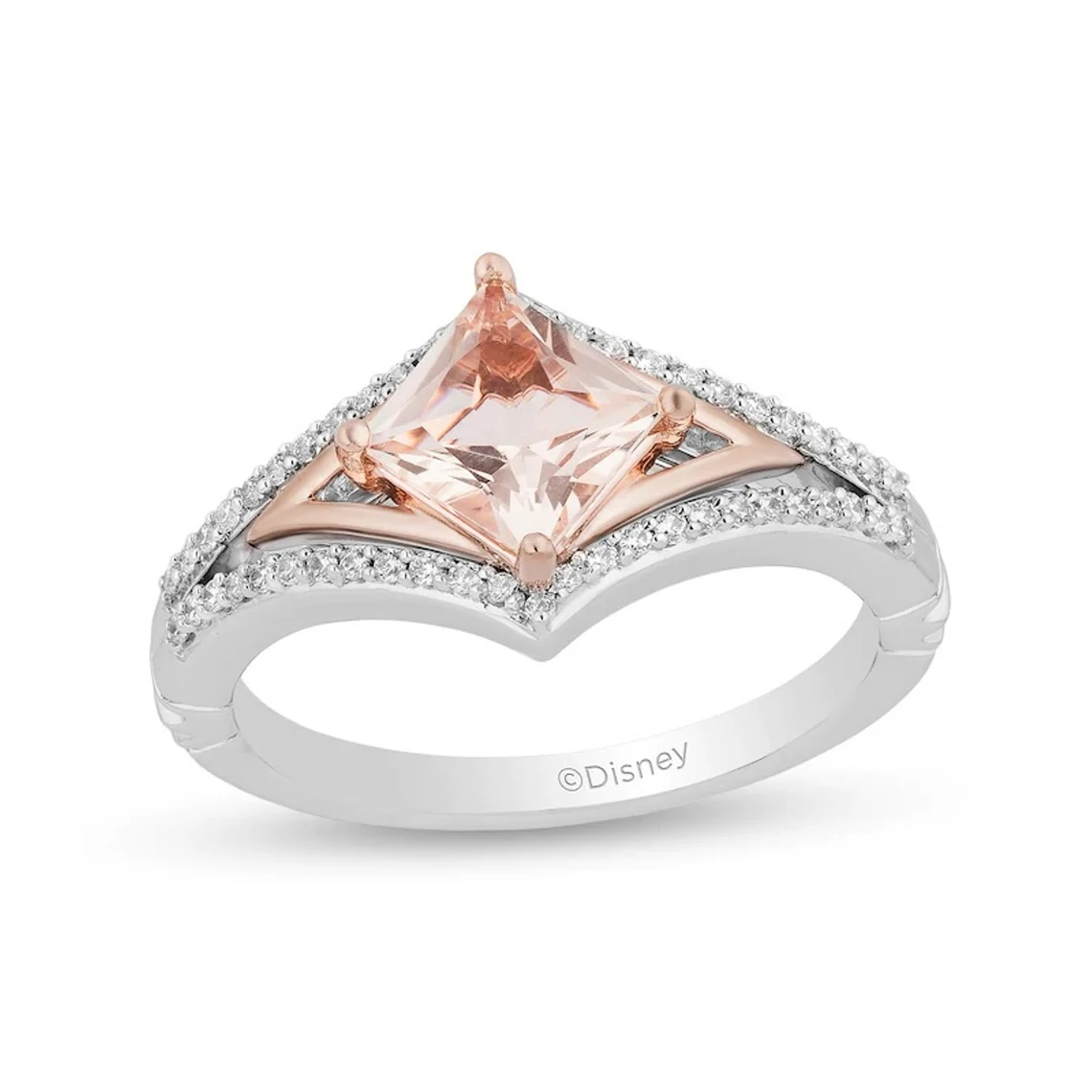 Enchanted Disney Aurora Stunning Princess Cut Morganite and Diamond Engagement Ring in Sterling Silver Luxury Bridal Disney Ring Lovely Ring