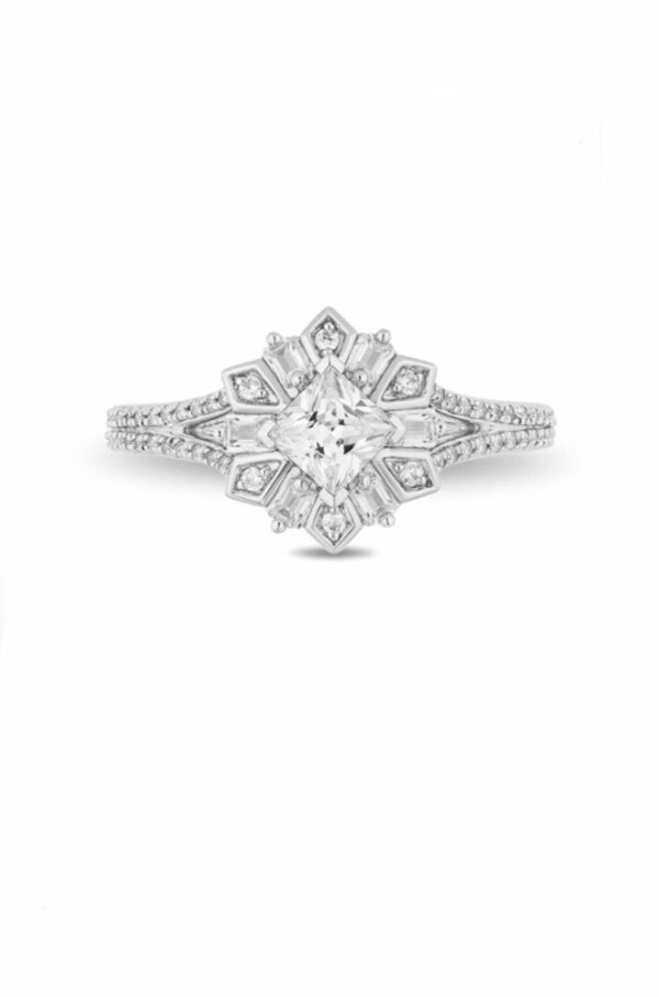 Enchanted Disney 3/4 CT Princess Baguette & Round Shape Moissanite Diamond Elsa Snowflake Engagement Ring,Magical World Of Disney Frozen