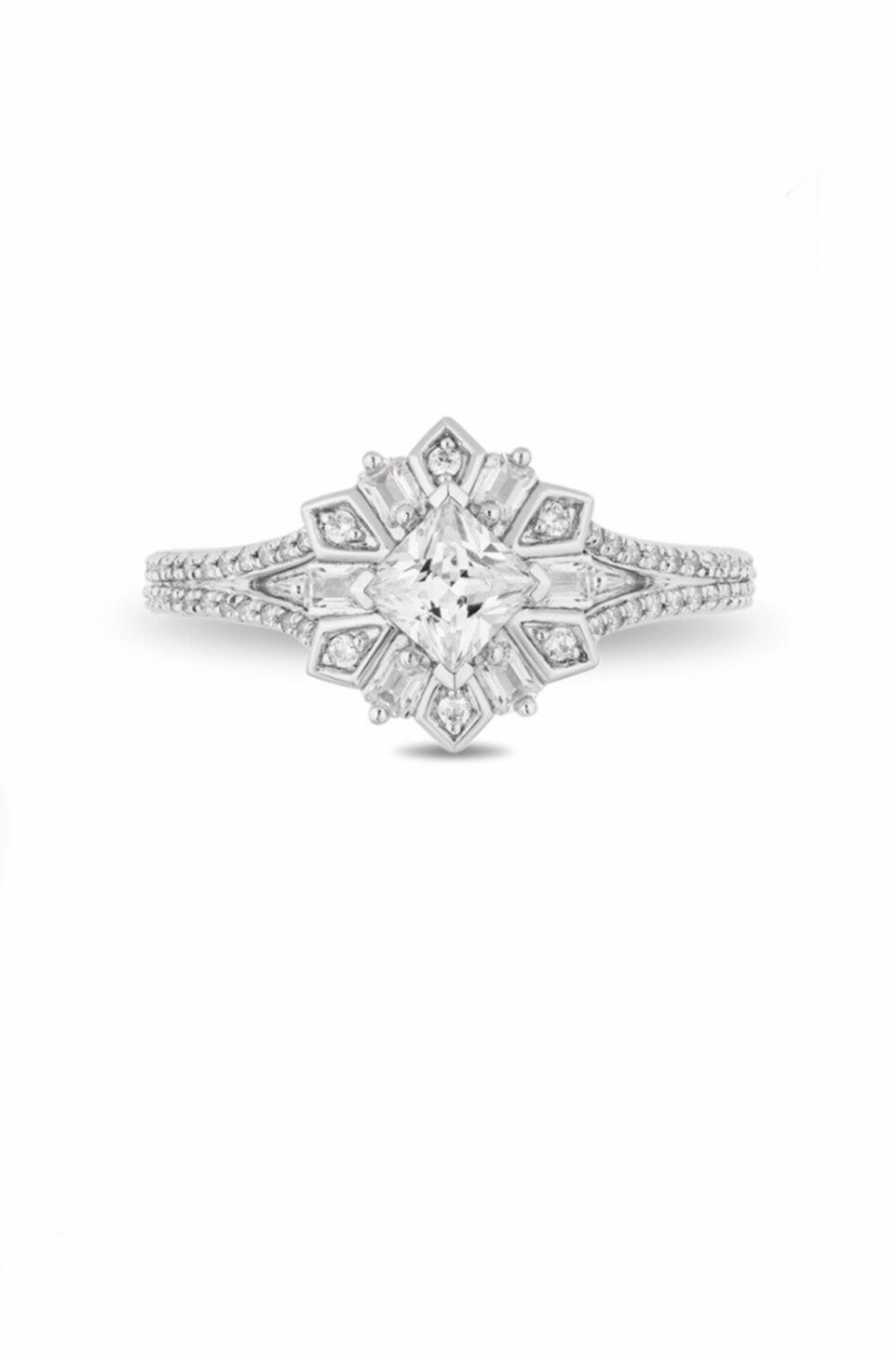 Enchanted Disney 3/4 CT Princess Baguette & Round Shape Moissanite Diamond Elsa Snowflake Engagement Ring,Magical World Of Disney Frozen