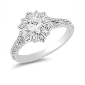 Enchanted Disney 3/4 CT Princess Baguette & Round Shape Moissanite Diamond Elsa Snowflake Engagement Ring,Magical World Of Disney Frozen