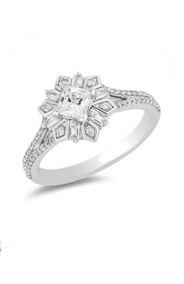 01d Enchanted Disney 3/4 CT Princess Baguette & Round Shape Moissanite Diamond Elsa Snowflake Engagement Ring,Magical World Of Disney Frozen