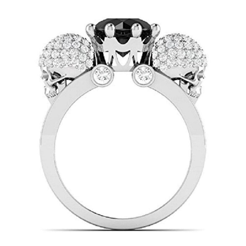 Two Skull Face Black 8.00 mm Moissanite Gemstone Gothic Style Halloween Ring-14K White Gold Finish Ring For Engagement Wedding-Women Skull