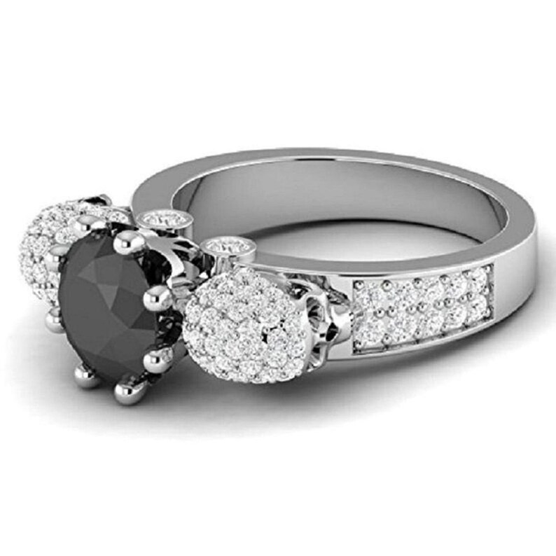 Two Skull Face Black 8.00 mm Moissanite Gemstone Gothic Style Halloween Ring-14K White Gold Finish Ring For Engagement Wedding-Women Skull