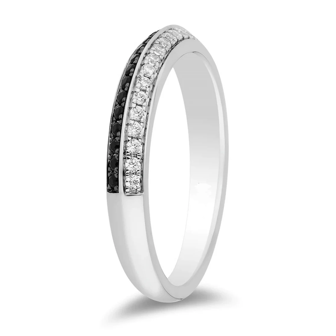Enchanted Disney Villains Cruella De Vil Black Enhanced and White Diamond Wedding Band in 14K White Gold Sterling Silver Half Eternity Ring