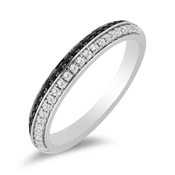 1` Enchanted Disney Villains Cruella De Vil Black Enhanced and White Diamond Wedding Band in 14K White Gold Sterling Silver Half Eternity Ring