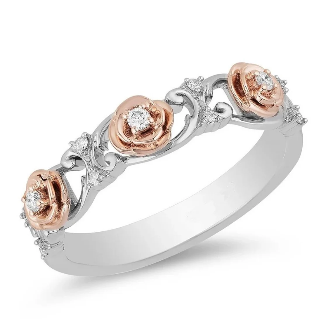 Enchanted Disney Fine Jewelry Diamond Belle Eternity Ring in Two-Tone Sterling Silver Antique Disney Flower Band Propose Ring Romantic Ring
