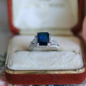 Classic 2.0Ct Emerald Cut Blue Sapphire and Diamond Engagement Ring in 925 Sterling Silver Edwardian Ring Vintage Engagement Ring Cocktail Ring