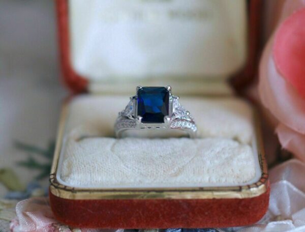Classic 2.0Ct Emerald Cut Blue Sapphire and Diamond Engagement Ring in 925 Sterling Silver Edwardian Ring Vintage Engagement Ring Cocktail Ring