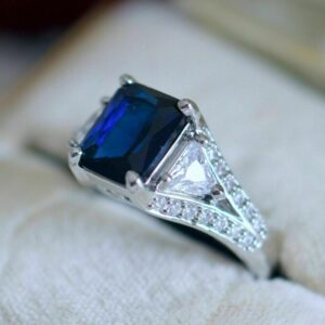Classic 2.0Ct Emerald Cut Blue Sapphire and Diamond Engagement Ring in 925 Sterling Silver Edwardian Ring Vintage Engagement Ring Cocktail Ring