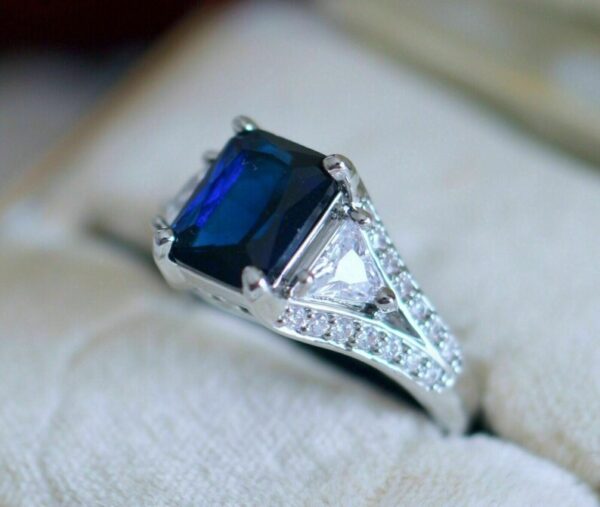 Classic 2.0Ct Emerald Cut Blue Sapphire and Diamond Engagement Ring in 925 Sterling Silver Edwardian Ring Vintage Engagement Ring Cocktail Ring