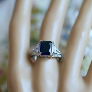 Classic 2.0Ct Emerald Cut Blue Sapphire and Diamond Engagement Ring in 925 Sterling Silver Edwardian Ring Vintage Engagement Ring Cocktail Ring