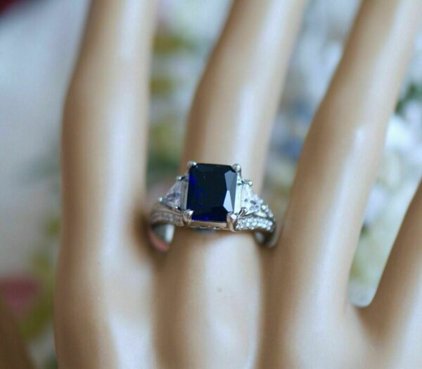 Classic 2.0Ct Emerald Cut Blue Sapphire and Diamond Engagement Ring in 925 Sterling Silver Edwardian Ring Vintage Engagement Ring Cocktail Ring