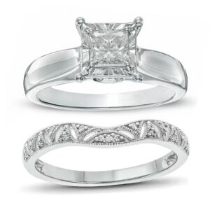 1930s Retro Art Deco Princess Cut Diamond Engagement Ring Set Vintage-style Diamond Rings Antique Bridal Wedding Band in 925 Sterling Silver