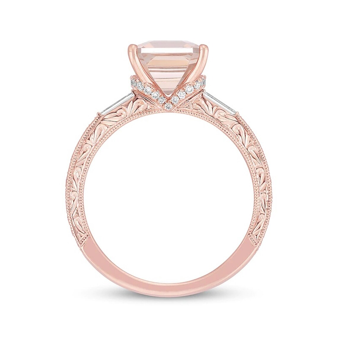 8.0mm Cushion Cut Morganite and Diamond Accent Engagement Ring with Matching Wedding Band in 14K Rose Gold Finish Unique Style Vintage Ring