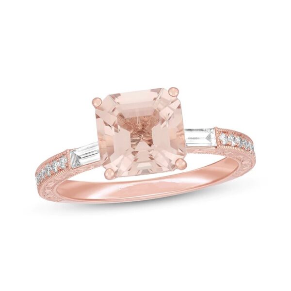 8.0mm Cushion Cut Morganite and Diamond Accent Engagement Ring with Matching Wedding Band in 14K Rose Gold Finish Unique Style Vintage Ring