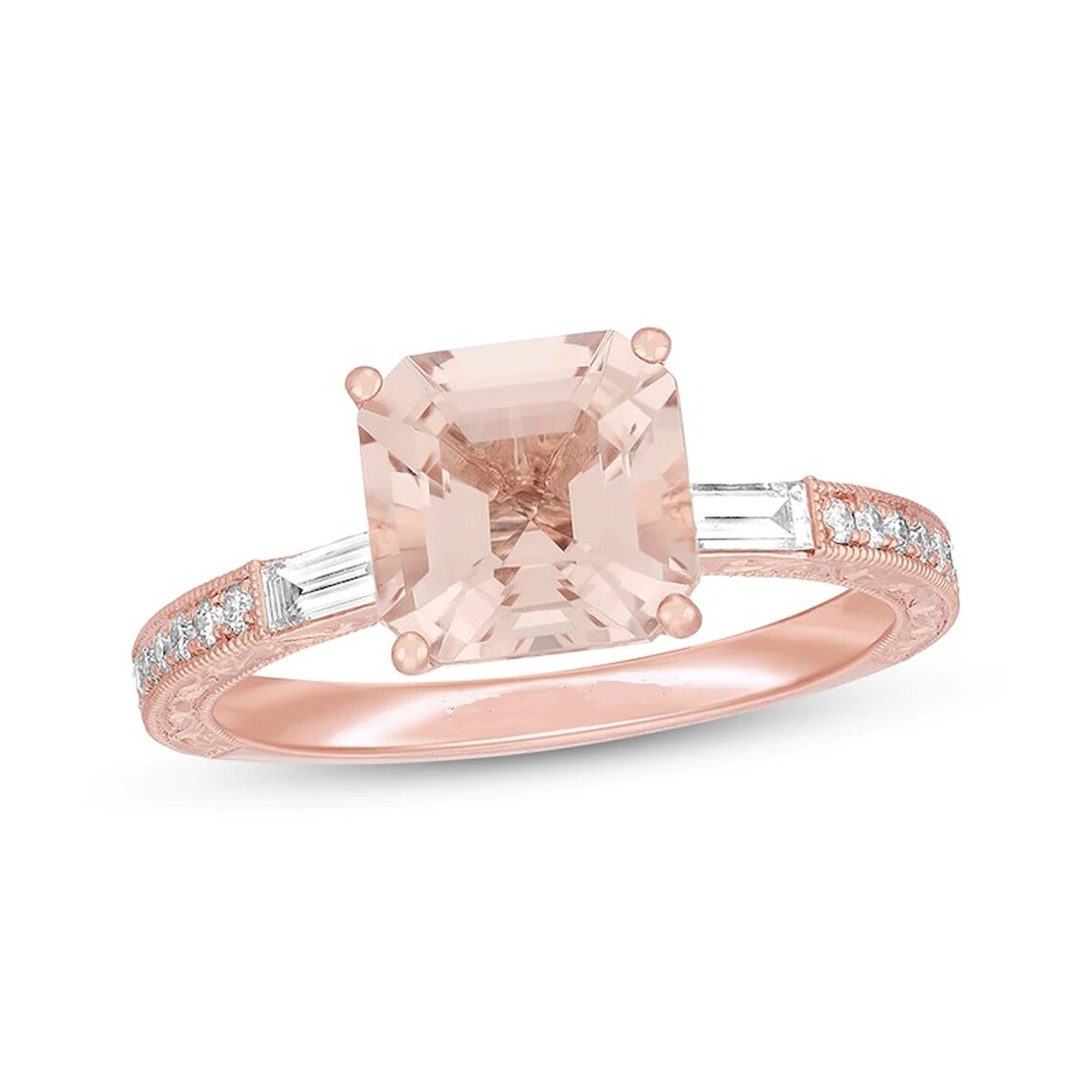8.0mm Cushion Cut Morganite and Diamond Accent Engagement Ring with Matching Wedding Band in 14K Rose Gold Finish Unique Style Vintage Ring