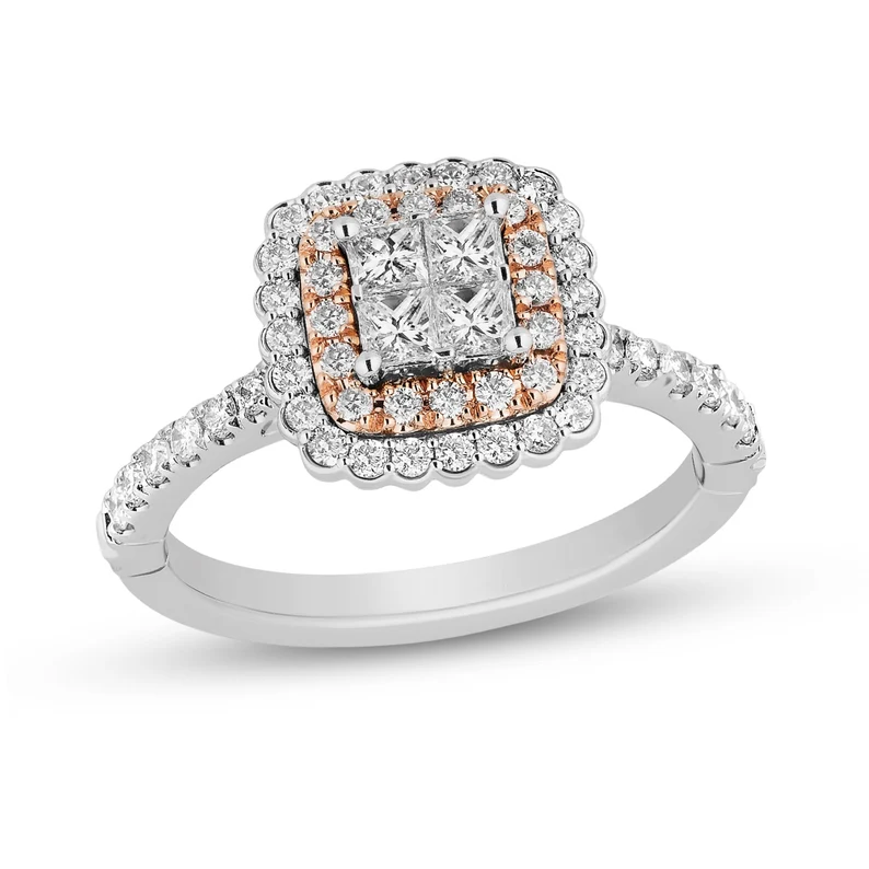Enchanted Disney Belle Rose Quad Princess-Cut Diamond Scallop Frame Engagement Ring Romantic Ring Charming Ring Modern Ring Fascinating Ring