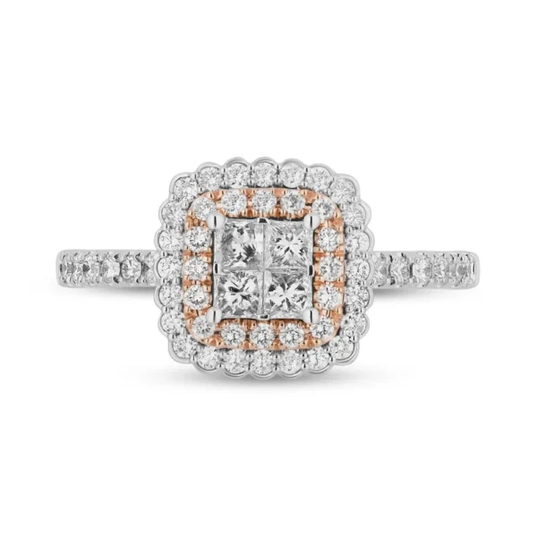 Enchanted Disney Belle Rose Quad Princess-Cut Diamond Scallop Frame Engagement Ring Romantic Ring Charming Ring Modern Ring Fascinating Ring