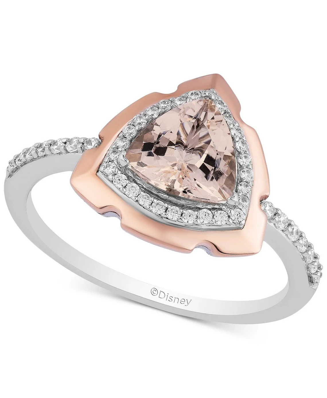Enchanted Disney Aurora Trillion Cut Morganite and Diamond Frame Engagement Ring in Two-Tone Sterling Silver Antique Ring Unique Design Ring