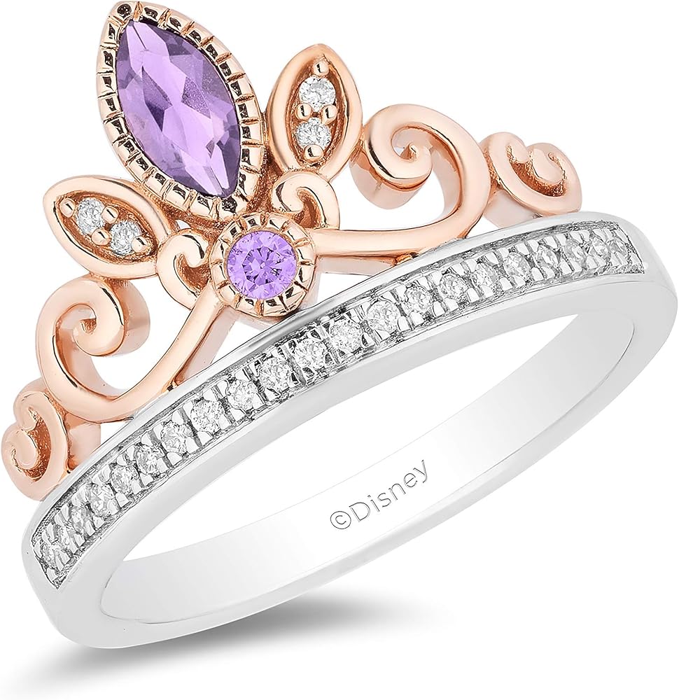 Enchanted Disney Fine Jewelry 14K Rose Gold Over Sterling Silver With 1 10 Cttw Diamond Rose-De-France Rapunzel Tiara Ring Size 5 Clothing Shoes Jewelry