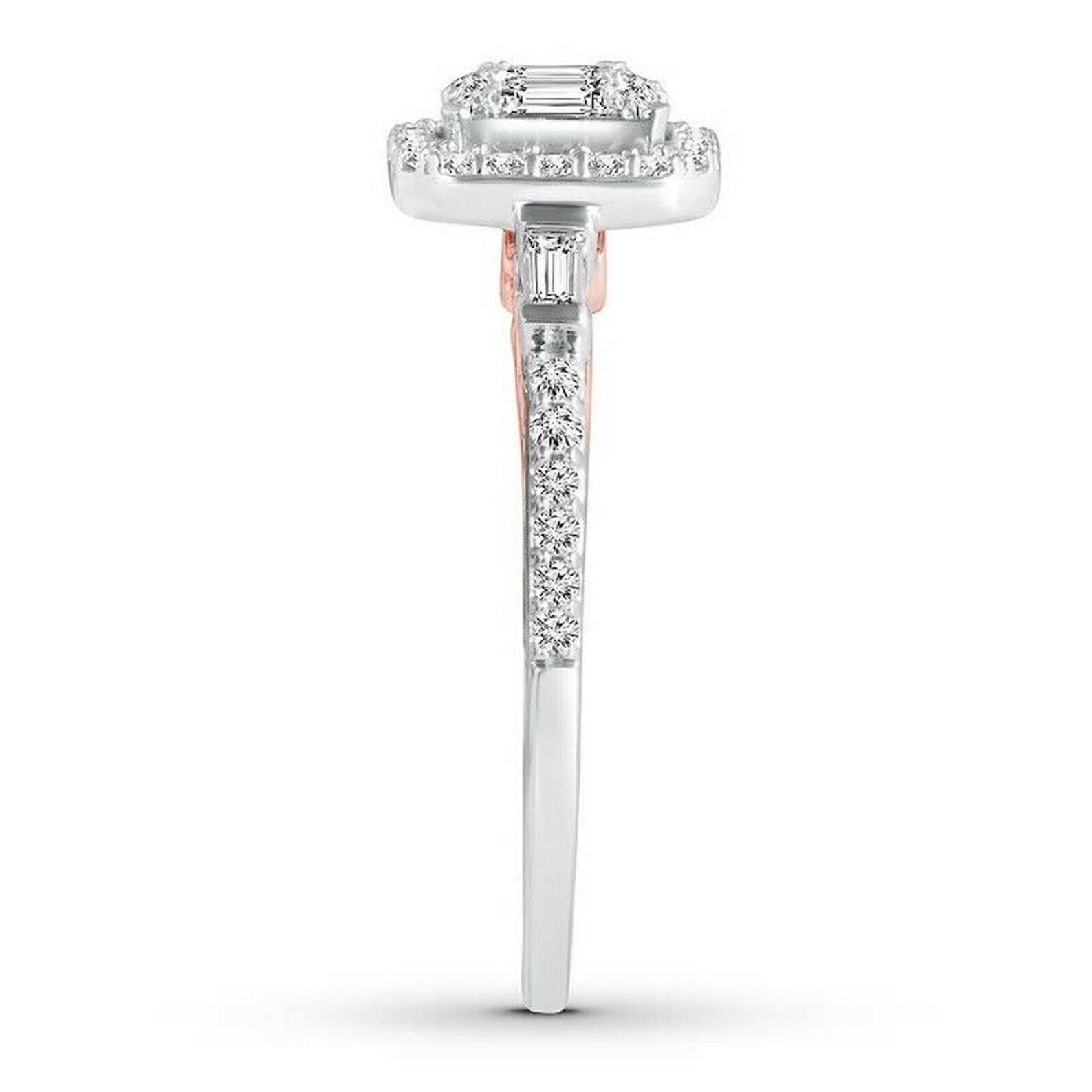 Enchanted Disney Quad Baguette and Round Cut Diamond Halo Engagement Ring in 14K White Gold Stunning Composite Ring Elegant and Classy Ring
