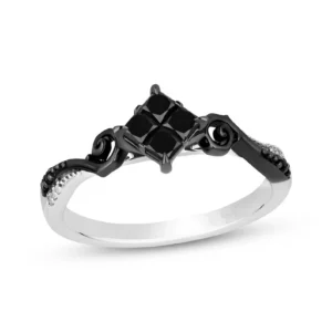 Enchanted Disney Treasures The Nightmare Before Christmas Princess-Cut Quad Onyx Engagement Ring in Sterling Silver Stackable Diamond Ring
