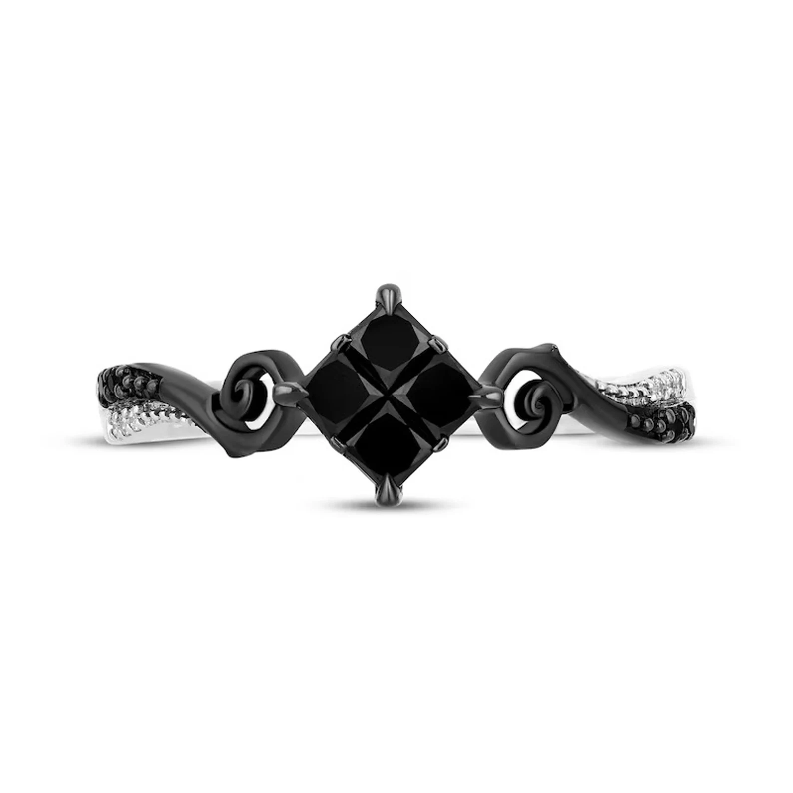 Enchanted Disney Treasures The Nightmare Before Christmas Princess-Cut Quad Onyx Engagement Ring in Sterling Silver Stackable Diamond Ring