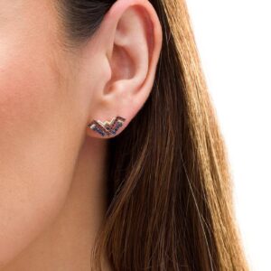 Wonder Women Collections 0.31 CT Round Cut Garnet & Created Blue Saphhire Diamond Stud Earring In 925 Sterling Silver-14K Yellow Gold Finish