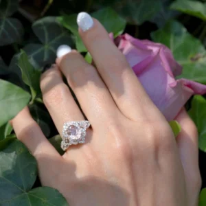 Enchanted Disney Aurora Morganite and Diamond Scallop Frame Engagement Ring in Two-Tone Sterling Silver Vintage Art Deco Ring Stunning Ring - Image 5