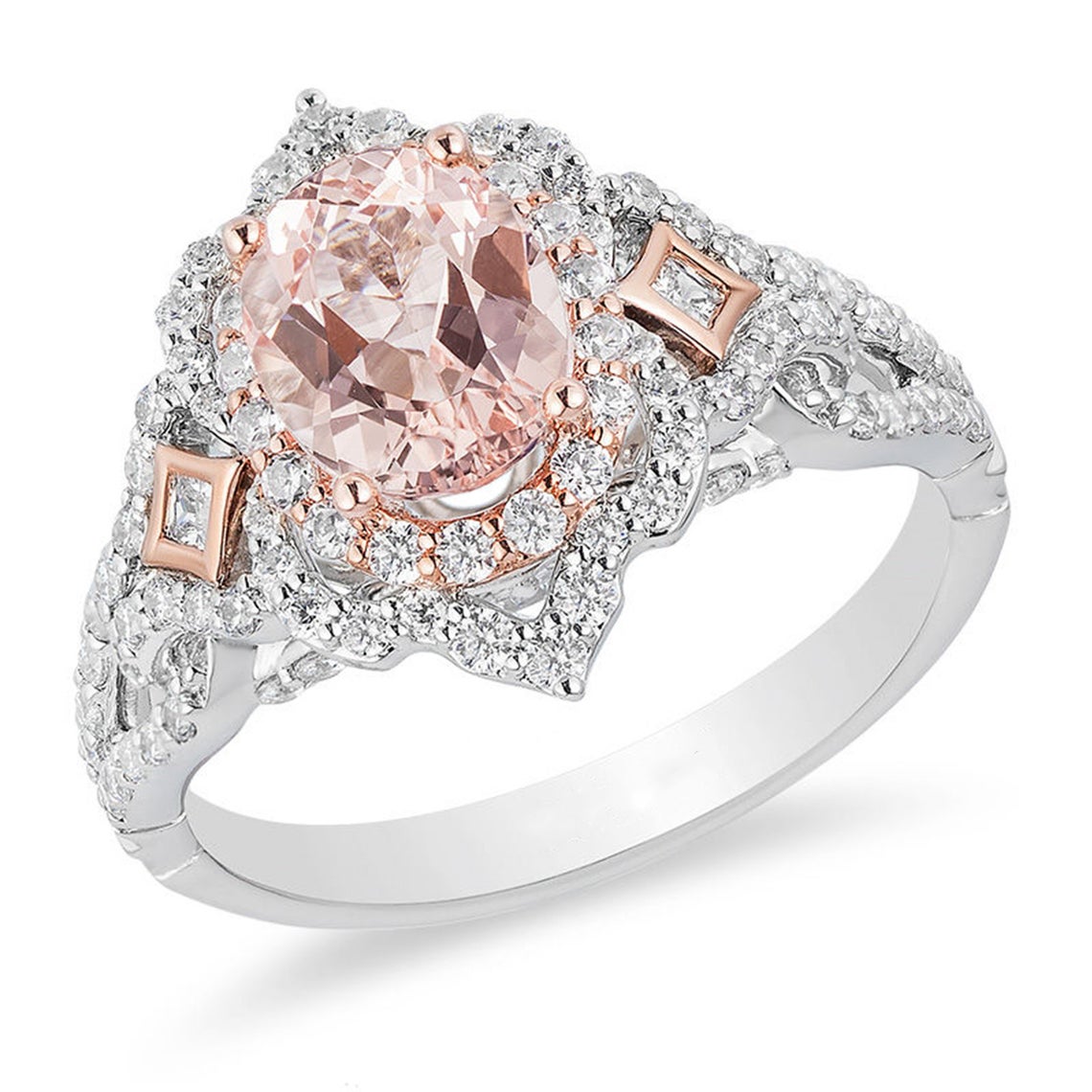 Enchanted Disney Aurora Morganite and Diamond Scallop Frame Engagement Ring in Two-Tone Sterling Silver Vintage Art Deco Ring Stunning Ring