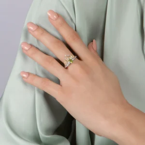 Enchanted Disney Fine Jewelry Sterling Silver and 10K Yellow Gold 1/10 CTTW Diamond and Peridot Tiana Water Lily Tiara Ring - Image 3