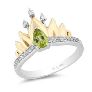 Enchanted Disney Fine Jewelry Sterling Silver and 10K Yellow Gold 1/10 CTTW Diamond and Peridot Tiana Water Lily Tiara Ring - Image 2