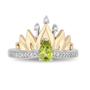 Enchanted Disney Fine Jewelry Sterling Silver and 10K Yellow Gold 1/10 CTTW Diamond and Peridot Tiana Water Lily Tiara Ring