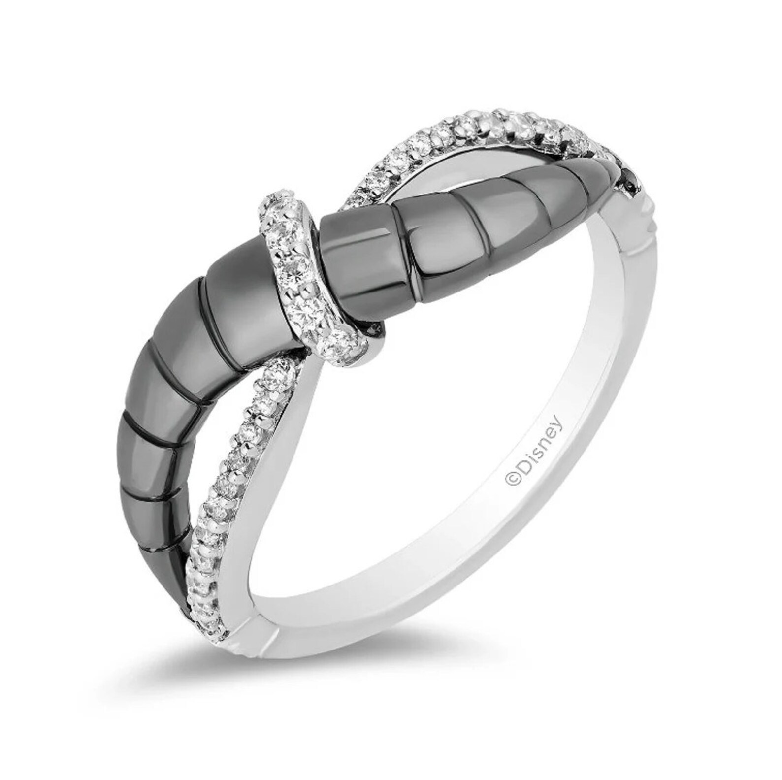 Enchanted Disney Fine Jewelry Black Rhodium over Sterling Silver with 0.16 CTTW Diamond Maleficent Horn Textured Ring